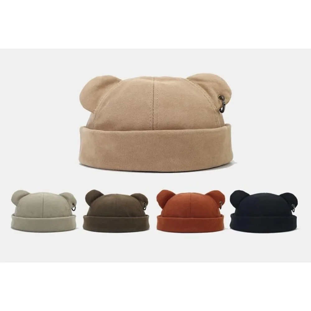 Unisex Khaki Bear Ear Skull Cap Brimless Cap Adjustable Docker Cap Docker Cap